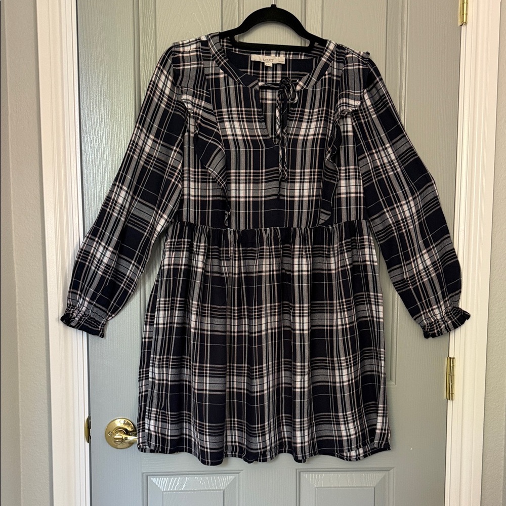 LOFT Navy and White Plaid Long-Sleeve Tie-Front Dress